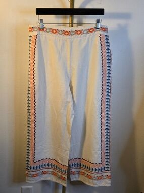 Anthropologie Cream Pants with Coral & Teal Embroidery